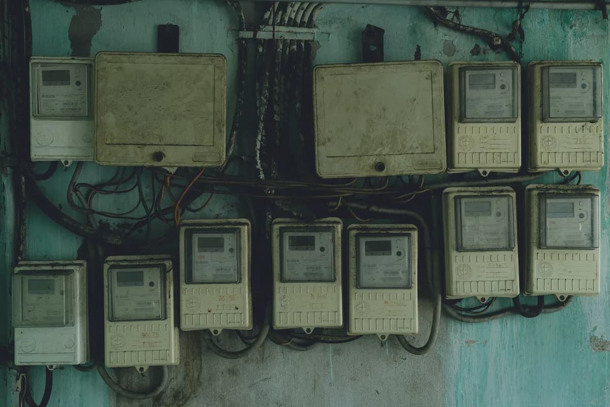 Tablero de medidores eléctricos antiguos en el muro de un edificio; fotografía de Theodore Nguyen en Pexels.
